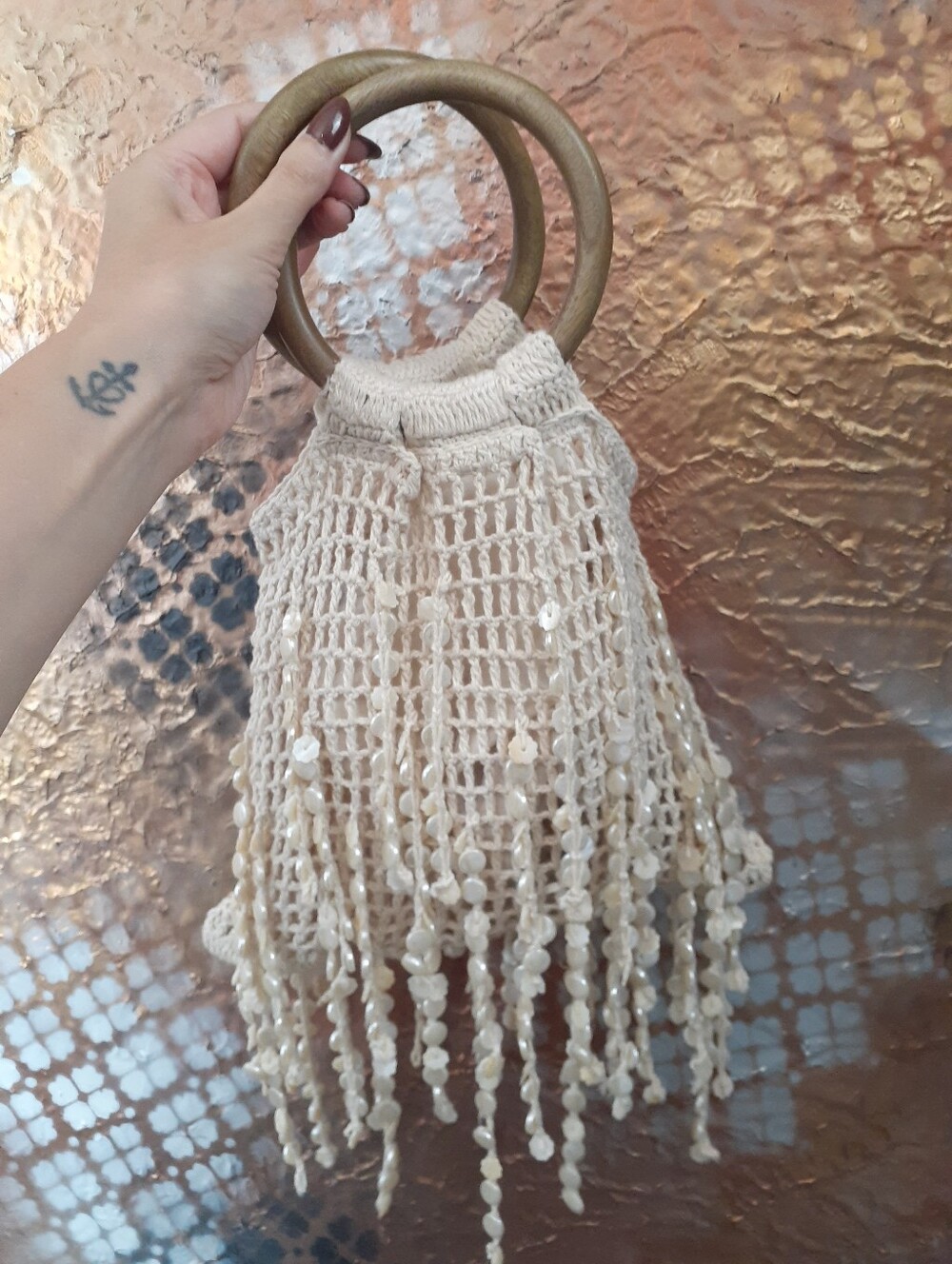 Zara Boho Crochet Fringe Handbag with Wooden Handles - Cream